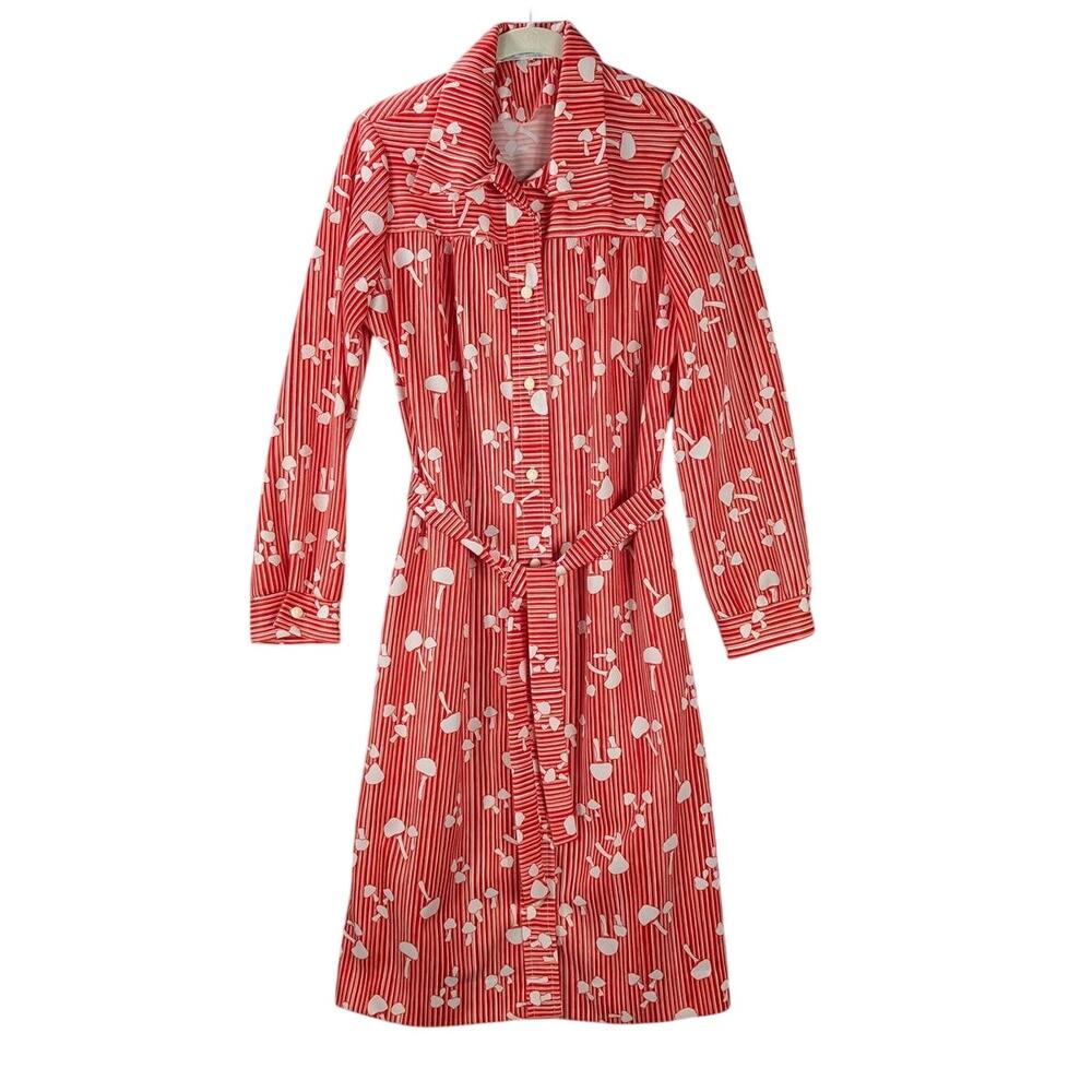 Vintage Mushroom Shirt Dress Midi Medium Red Striped Belt 1970s Polyester Retro